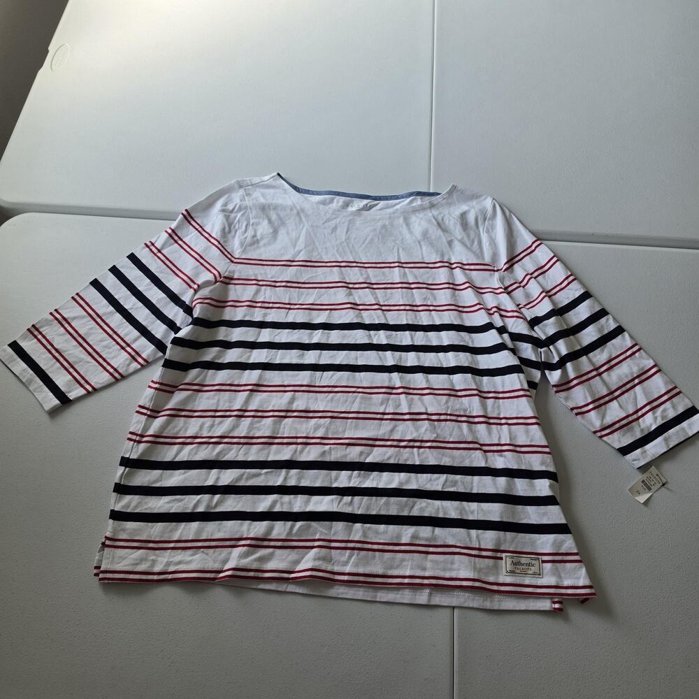 Talbots Shirt Womens 2X White Navy Red Striped Boat Neck 3/4 Sleeve Top